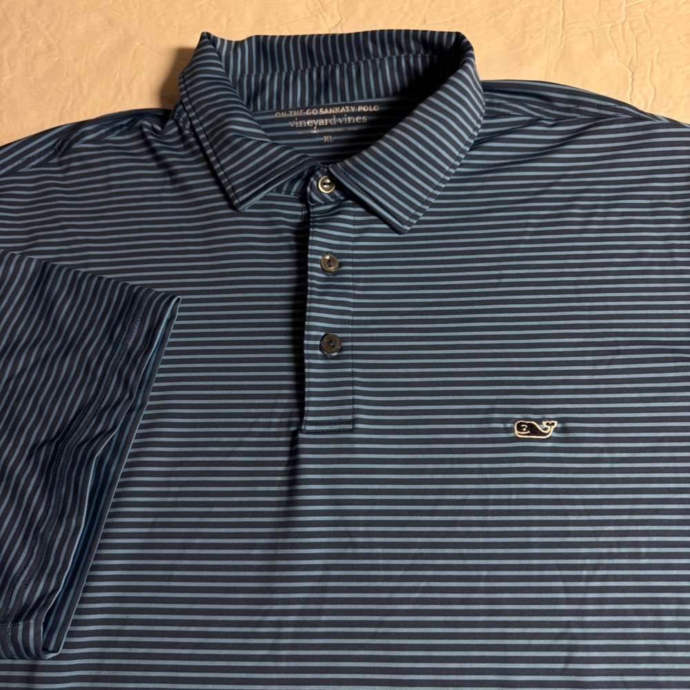 Vineyard Vines Mens XL On-The-Go Polo Shirt Blue Striped Performance Golf